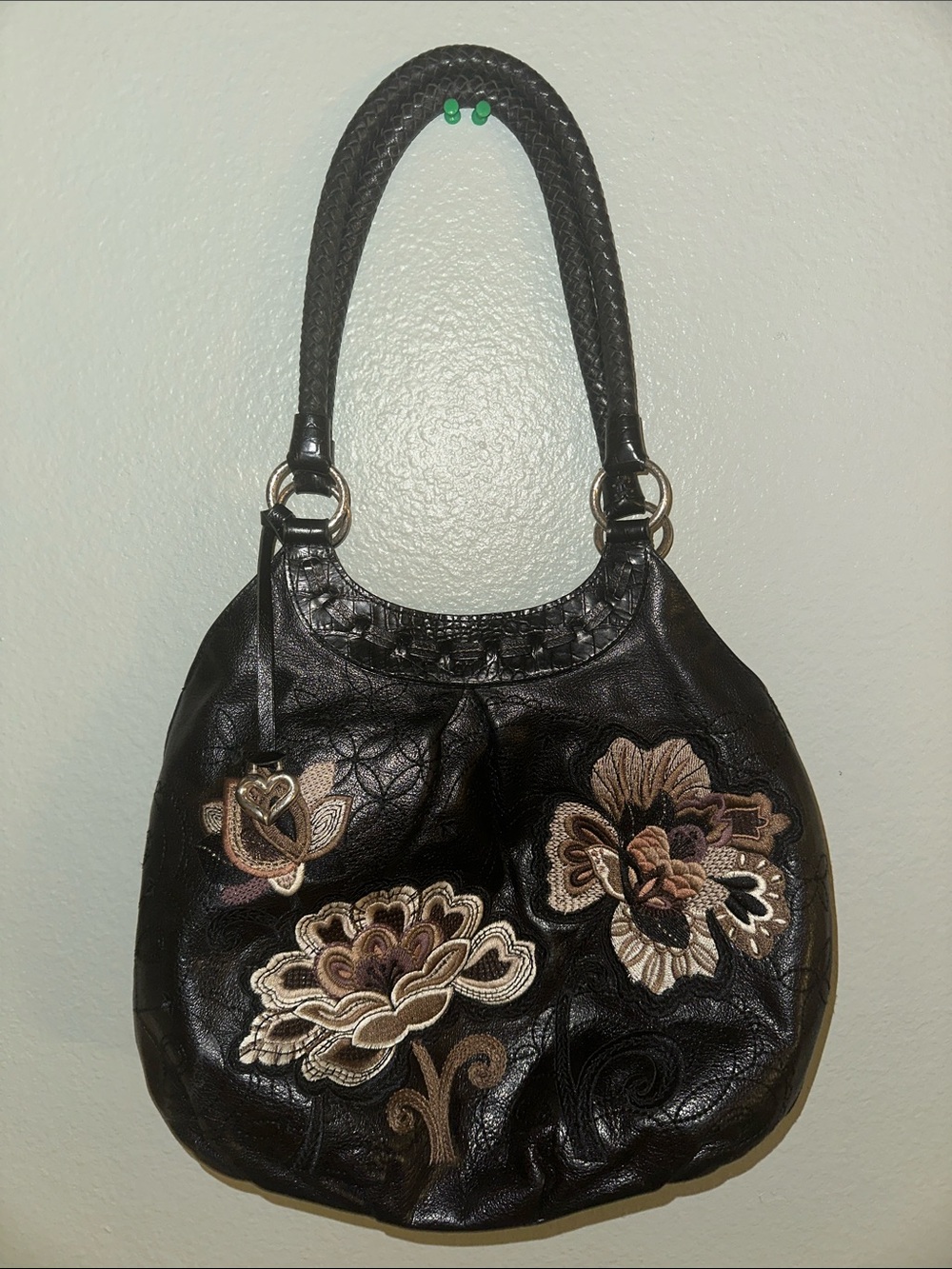 Brighton Black Leather Shoulder Bag with Neutral Floral Embroidery